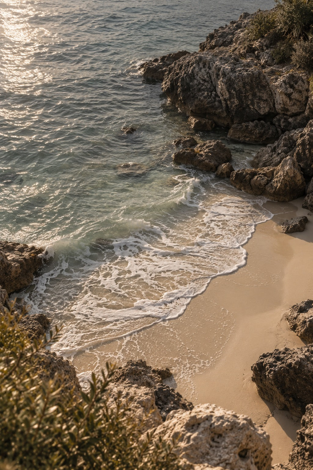 AI-generated gentle waves washing onto a secluded sandy cove